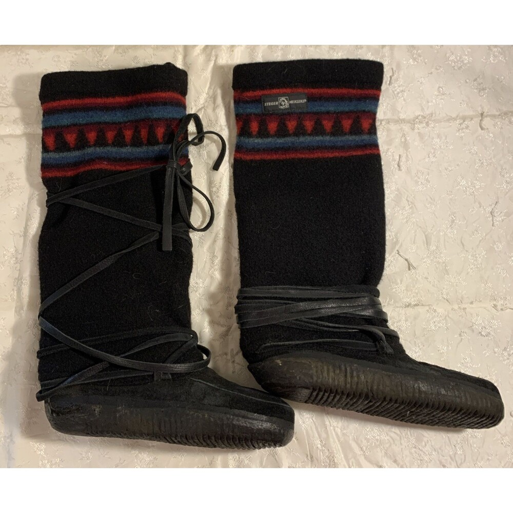 Steger Mukluks Navajo Black Wool Leather Winter Arctic Tall Boots Women 7